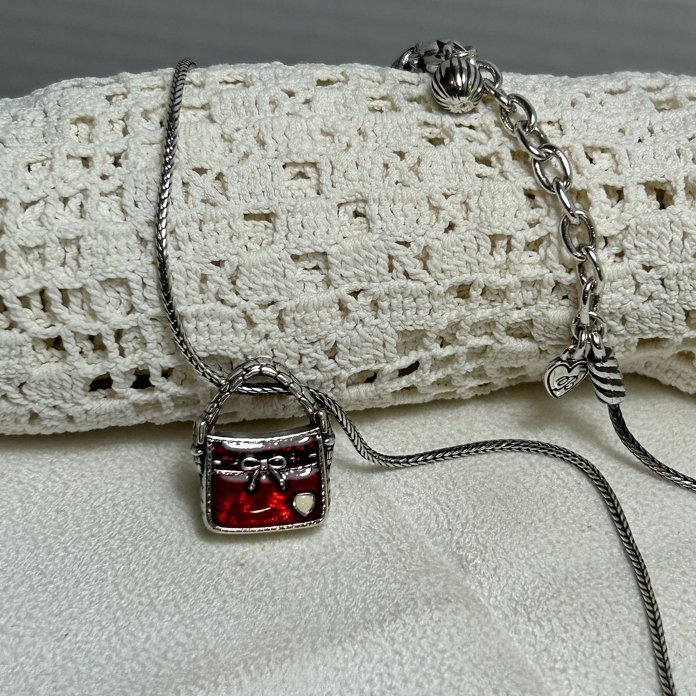 Brighton Red Purse Charm Necklace Silver Plated Enamel 16" Adjustable - Picture 9 of 10